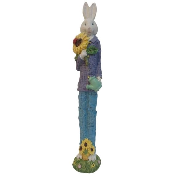 World Bazaars Male Bunny Rabbit 12" Ceramic Figurine Holding Green Flower Pot - Picture 1 of 10